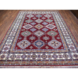 8'1"x10' Deep Red Soft Afghan Wool Hand Knotted Super Kazak with Geometric Design Oriental Rug FWR408348