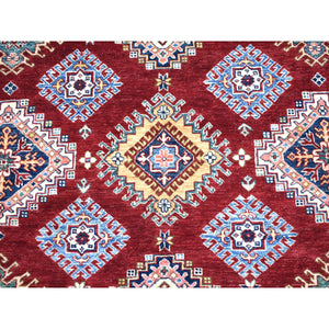 8'1"x10' Deep Red Soft Afghan Wool Hand Knotted Super Kazak with Geometric Design Oriental Rug FWR408348