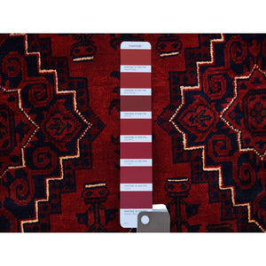 4'2"x5'9" Saturated Red Afghan Khamyab with Geometric Design Hand Knotted Denser Weave with Shiny Wool Oriental Rug FWR408408