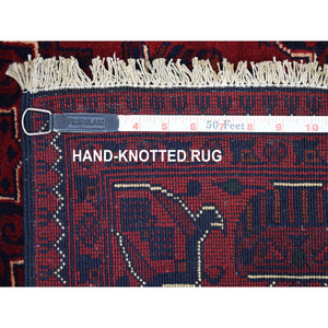 4'2"x5'9" Saturated Red Afghan Khamyab with Geometric Design Hand Knotted Denser Weave with Shiny Wool Oriental Rug FWR408408