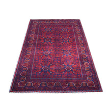 Load image into Gallery viewer, 3&#39;10&quot;x5&#39;9&quot; Saturated Red with Pop of Navy Blue Afghan Khamyab Hand Knotted Denser Weave with Shiny Wool Oriental Rug FWR408420