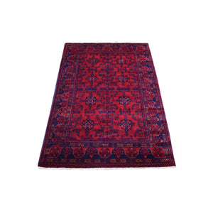 3'4"x5' Afghan Khamyab with Geometric Medallions Design Hand Knotted Deep and Saturated Red Denser Weave with Shiny Wool Oriental Rug FWR408534