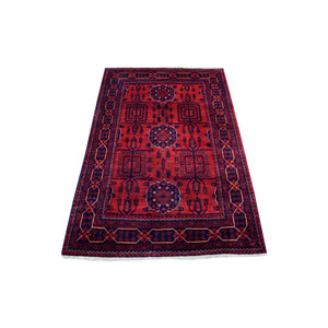 3'4"x5'1" Deep and Saturated Red Afghan Khamyab with Vegetable Dyes Hand Knotted Denser Weave with Shiny Wool Oriental Rug FWR408540