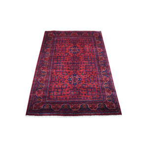 3'3"x5' Afghan Khamyab with Tribal Medallions Design Denser Weave with Shiny Wool Hand Knotted Deep and Saturated Red Oriental Rug FWR408552