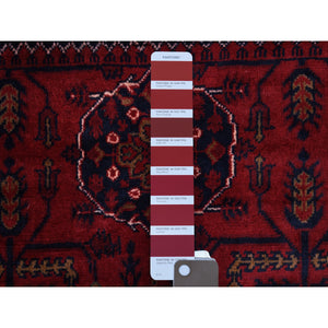 3'3"x4'8" Afghan Khamyab with Tribal Medallions Design Denser Weave with Shiny Wool Deep and Saturated Red Hand Knotted Oriental Rug FWR408558