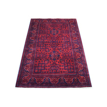 Load image into Gallery viewer, 3&#39;4&quot;x4&#39;9&quot; Hand Knotted Deep and Saturated Red Afghan Khamyab with Double Medallions Design Denser Weave with Shiny Wool Oriental Rug FWR408570