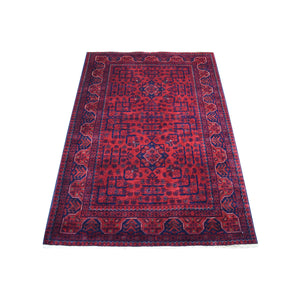 3'4"x4'9" Hand Knotted Deep and Saturated Red Afghan Khamyab with Double Medallions Design Denser Weave with Shiny Wool Oriental Rug FWR408570