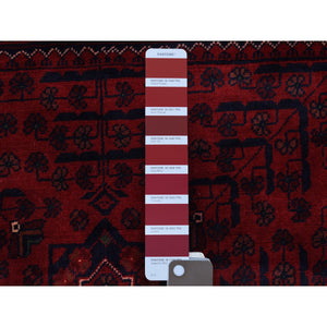 3'4"x4'9" Hand Knotted Deep and Saturated Red Afghan Khamyab with Double Medallions Design Denser Weave with Shiny Wool Oriental Rug FWR408570