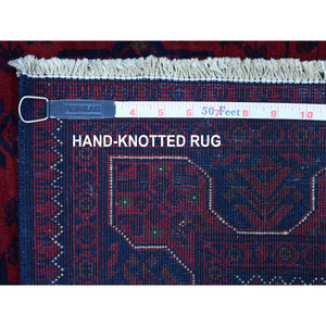 3'4"x4'9" Hand Knotted Deep and Saturated Red Afghan Khamyab with Double Medallions Design Denser Weave with Shiny Wool Oriental Rug FWR408570