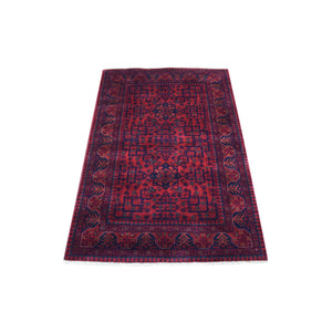 3'4"x4'9" Afghan Khamyab with Double Medallions Design Denser Weave with Shiny Wool Deep and Saturated Red Hand Knotted Oriental Rug FWR408588