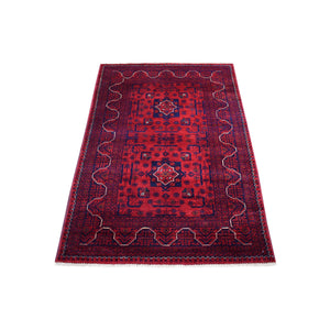 3'3"x4'10" Afghan Khamyab with Double Medallions Design Denser Weave with Shiny Wool Hand Knotted Deep and Saturated Red Oriental Rug FWR408594