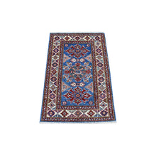 Load image into Gallery viewer, 2&#39;x3&#39;2&quot; Denim Blue Hand Knotted Super Kazak with Tribal Medallions Design Pure Wool Oriental Mat Rug FWR408654