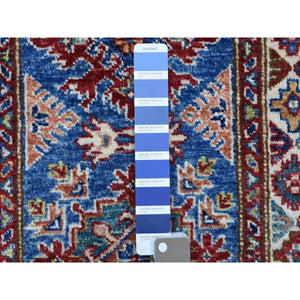 2'x3'2" Denim Blue Hand Knotted Super Kazak with Tribal Medallions Design Pure Wool Oriental Mat Rug FWR408654
