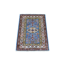 Load image into Gallery viewer, 2&#39;x3&#39; Super Kazak with Large Medallion Design Denim Blue Pure Wool Hand Knotted Oriental Mat Rug FWR408684