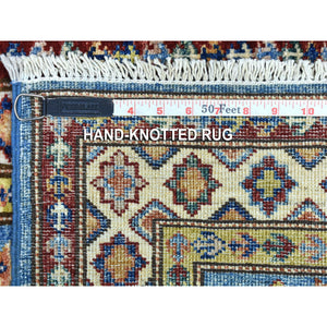 2'x3' Super Kazak with Large Medallion Design Denim Blue Pure Wool Hand Knotted Oriental Mat Rug FWR408684