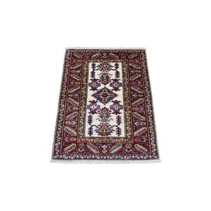 2'1"x3' Tribal Design Super Kazak Extra Soft Wool Ivory with Pop of Color Hand Knotted Oriental Mat Rug FWR408816