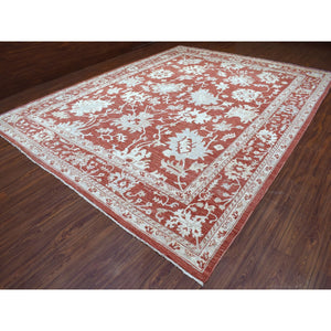 11'9"x14'9" Angora Oushak with Floral All Over Design Hand Knotted Brick Red Soft Afghan Wool Oriental Oversized Rug FWR408870