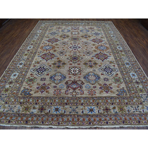 9'x11'9" Hand Knotted Beige Super Kazak with Geometric Design Extra Soft Wool Oriental Rug FWR408924