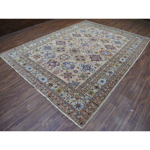 9'x11'9" Hand Knotted Beige Super Kazak with Geometric Design Extra Soft Wool Oriental Rug FWR408924
