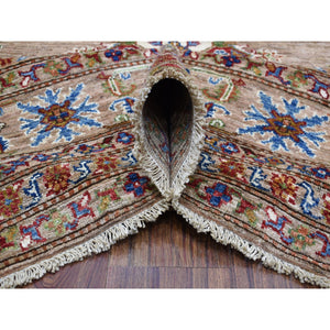 9'x11'9" Hand Knotted Beige Super Kazak with Geometric Design Extra Soft Wool Oriental Rug FWR408924