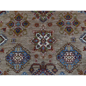 9'x11'9" Hand Knotted Beige Super Kazak with Geometric Design Extra Soft Wool Oriental Rug FWR408924