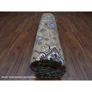 9'x11'9" Hand Knotted Beige Super Kazak with Geometric Design Extra Soft Wool Oriental Rug FWR408924