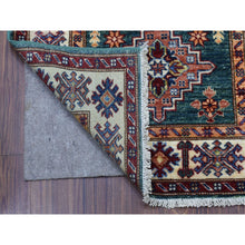 Load image into Gallery viewer, 2&#39;6&quot;x4&#39;2&quot; Hand Knotted Super Kazak with Triple Medallions Design Extra Soft Wool Dark Green Oriental Rug FWR408990