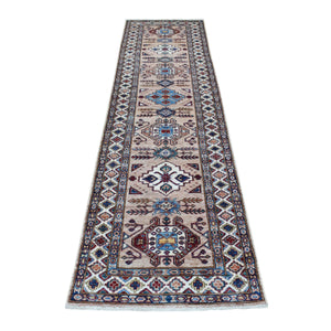 2'7"x9'8" Super Kazak with Tribal Medallions Design Light Brown Pure Wool Hand Knotted Oriental Runner Rug FWR409038