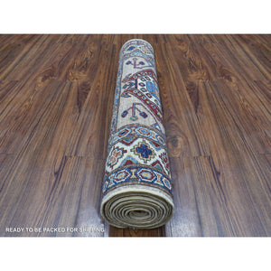 2'7"x9'8" Super Kazak with Tribal Medallions Design Light Brown Pure Wool Hand Knotted Oriental Runner Rug FWR409038