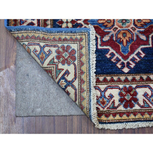 2'8"x10'5" Hand Knotted Denim Blue Extra Soft Wool Super Kazak with Tribal Medallions Design Oriental Runner Rug FWR409080