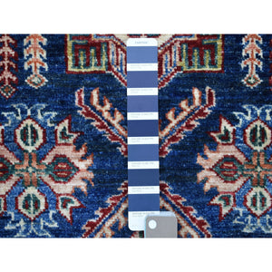 2'8"x10'5" Hand Knotted Denim Blue Extra Soft Wool Super Kazak with Tribal Medallions Design Oriental Runner Rug FWR409080