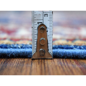 2'8"x10'5" Hand Knotted Denim Blue Extra Soft Wool Super Kazak with Tribal Medallions Design Oriental Runner Rug FWR409080