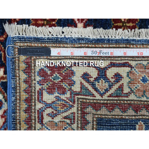 2'8"x10'5" Hand Knotted Denim Blue Extra Soft Wool Super Kazak with Tribal Medallions Design Oriental Runner Rug FWR409080