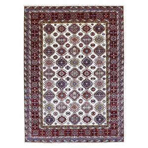 9'1"x12'4" Ivory with a Dark Red Border Super Kazak with Colorful Repetitive Medallions Afghan Shiny Wool Hand Knotted Oriental Rug FWR409344