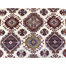 Load image into Gallery viewer, 9&#39;1&quot;x12&#39;4&quot; Ivory with a Dark Red Border Super Kazak with Colorful Repetitive Medallions Afghan Shiny Wool Hand Knotted Oriental Rug FWR409344