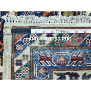 9'1"x12'4" Ivory with a Dark Red Border Super Kazak with Colorful Repetitive Medallions Afghan Shiny Wool Hand Knotted Oriental Rug FWR409344
