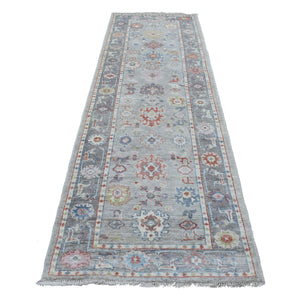 3'2"x10' Angora Oushak with Geometric Design Hand Knotted Gray Soft Organic Wool Oriental Runner Rug FWR409884