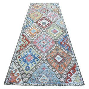4'x11'8" Gray Extra Soft Wool Hand Knotted Colorful Geometric Design Anatolian Village Inspired Oriental Runner Rug FWR410010