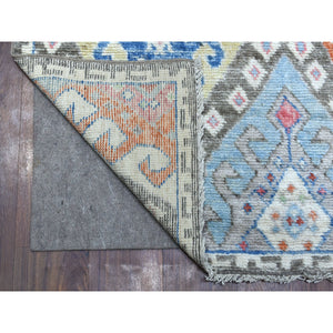 4'x11'8" Gray Extra Soft Wool Hand Knotted Colorful Geometric Design Anatolian Village Inspired Oriental Runner Rug FWR410010