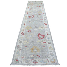Load image into Gallery viewer, 3&#39;x13&#39;5&quot; Extra Soft Wool Gray Angora Oushak with Pop of Red and Yellow Hand Knotted Oriental Wide Runner Rug FWR410376