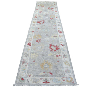 3'x13'5" Extra Soft Wool Gray Angora Oushak with Pop of Red and Yellow Hand Knotted Oriental Wide Runner Rug FWR410376