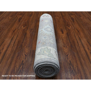 3'x13'5" Extra Soft Wool Gray Angora Oushak with Pop of Red and Yellow Hand Knotted Oriental Wide Runner Rug FWR410376