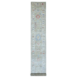 2'7"x17'5" Hand Knotted Angora Oushak with Colorful Motifs Gray Extra Soft Wool Oriental XL Runner Rug FWR410430