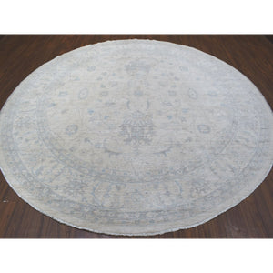 10'x10' White Wash Peshawar with Obscure Design Pure Wool Hand Knotted Ivory Oriental Round Rug FWR410748