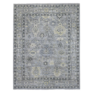 8'x9'9" Light Gray Angora Oushak with Tribal Design Extra Soft Wool Hand Knotted Oriental Rug FWR410850