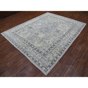 8'x9'9" Light Gray Angora Oushak with Tribal Design Extra Soft Wool Hand Knotted Oriental Rug FWR410850