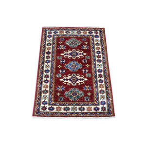 2'x3' Super Kazak with Geometric Medallions Design Extremely Durable Wool Hand Knotted Deep Red Oriental Mat Rug FWR411216