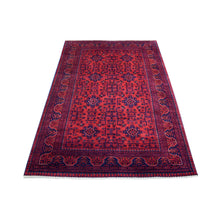 Load image into Gallery viewer, 4&#39;2&quot;x6&#39;6&quot; Deep and Saturated Red Afghan Khamyab with Geometric Design Denser Weave with Shiny Wool Hand Knotted Oriental Rug FWR411336
