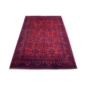 4'2"x6'6" Deep and Saturated Red Afghan Khamyab with Geometric Design Denser Weave with Shiny Wool Hand Knotted Oriental Rug FWR411336