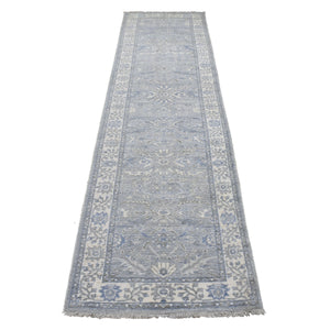 2'6"x9'9" Hand Knotted Gray Afghan Peshawar with All Over Heriz Design Extra Soft Wool Oriental Runner Rug FWR411576